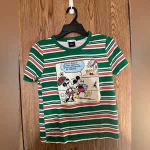 Zara Green Red White Striped Disney Mickey & Minnie Graphic Tee